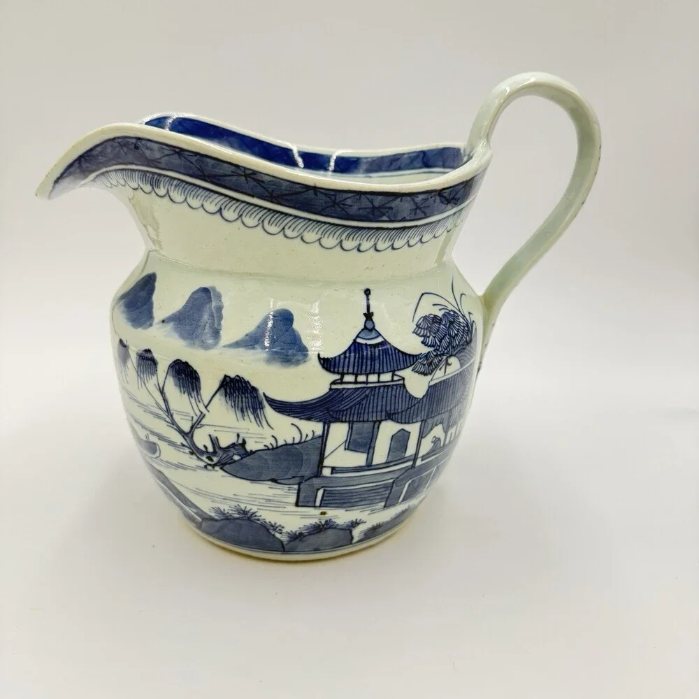 Antique Chinese Blue & White Canton Export Porcelain Large Pitcher 9”H x12” L